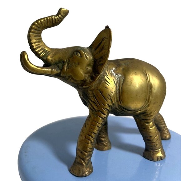 Vintage MCM Solid Brass Elephant Figurine Sculpture Trunk up Home Decor 17.4 oz - Picture 1 of 11